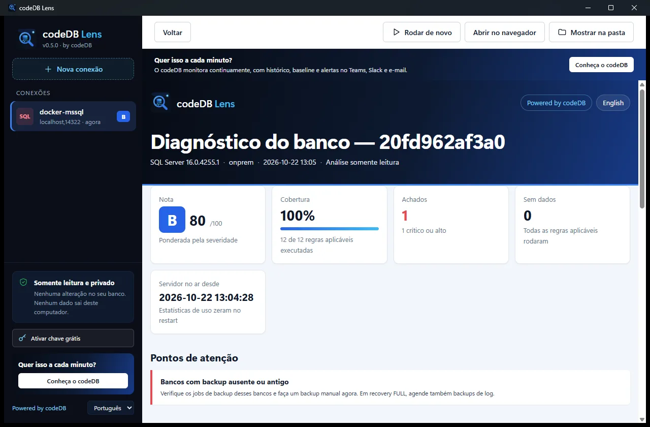 Aplicativo do codeDB Lens com um diagnóstico concluído: nota B, cobertura de 100% e o achado de backup antigo